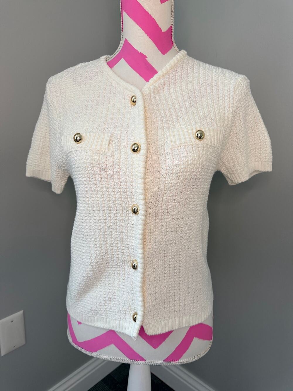 French Connection Egret Textured Knit Short Sleeve Cardigan Gold Buttons Size S